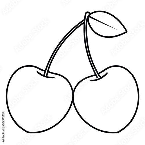 Line Art Vector of Two Cherries Connected by Stems with Leaf