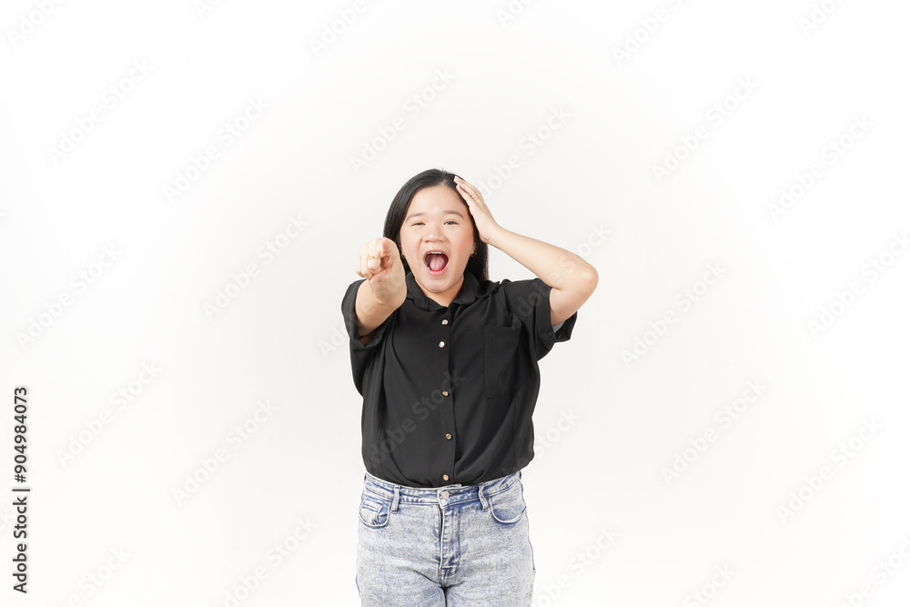 Young Asian woman Shocked Face Expression pointing at camera wearing Black t-shirt and jeans isolated on white background Young Asian woman Shocked Face Expression pointing at camera wearing Black t-shirt and jeans isolated on white background