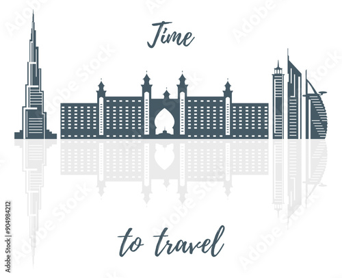 United Arab Emirates skyscrapers silhouette. Dubai buildings, hotels and symbol vector illustration. Dubai city skyline. Towers and landmarks cityscape. Camel. Design for banner, poster or print.