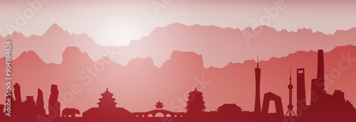 Silhouettes of national historical and modern Chinese landmarks on the background of mountains. Skyline with the top attractions of China. Beautiful sunrise panorama. Vector travel background.
