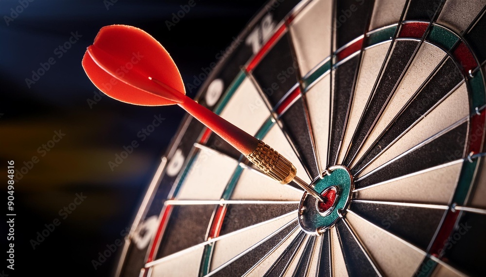 Ultimate Success: Single Red Dart Strikes Bullseye on Dartboard Ultimate Success: Single Red Dart Strikes Bullseye on Dartboard