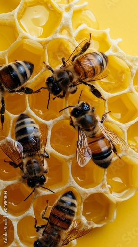Group of bees perched on top of honeycomb, surrounded by hexagonal cells filled with honey and pollen © Hryhor Denys