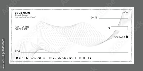 Blank bank check, checkbook cheque template or money payment paper voucher, vector mockup.