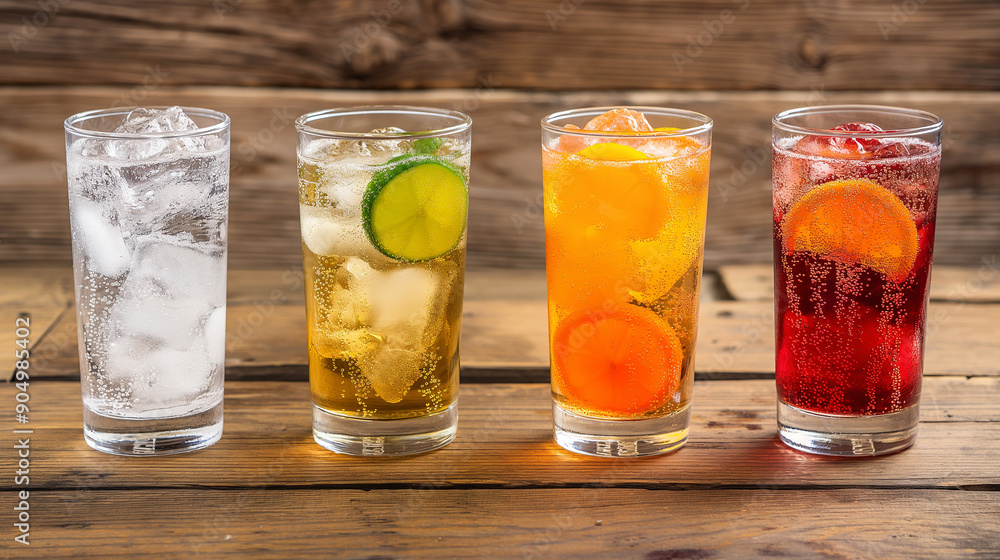 Glasses of different refreshing soda water with ice cubes and fruit slices Glasses of different refreshing soda water with ice cubes and fruit slices