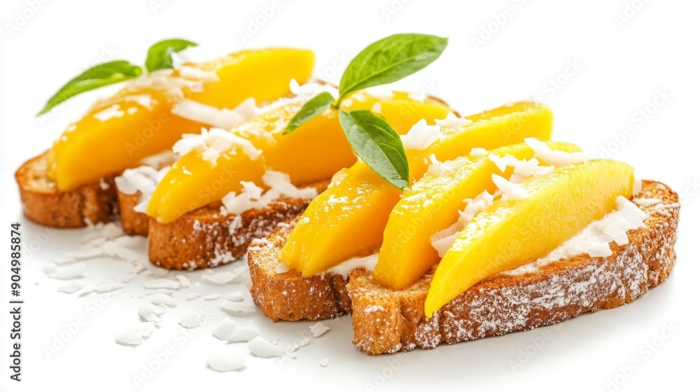 A delightful serving of honey toast with fresh mango slices and coconut flakes, isolated on a white background. A delightful serving of honey toast with fresh mango slices and coconut flakes, isolated on a white background.