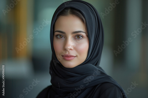 Close up photo portrait of beautiful young muslim woman, woman in hijab and glasses smiling and looking at camera, businesswoman working inside modern office building