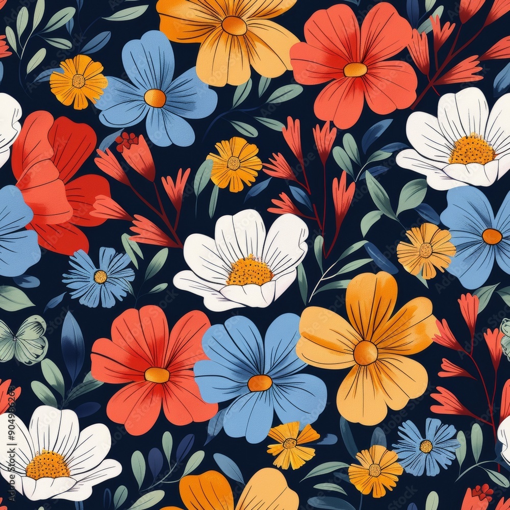 Seamless pattern with colorful flowers on dark blue background. Seamless pattern with colorful flowers on dark blue background.