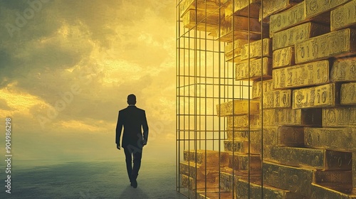 A Man Walking Away From A Wall Of Gold Bars photo