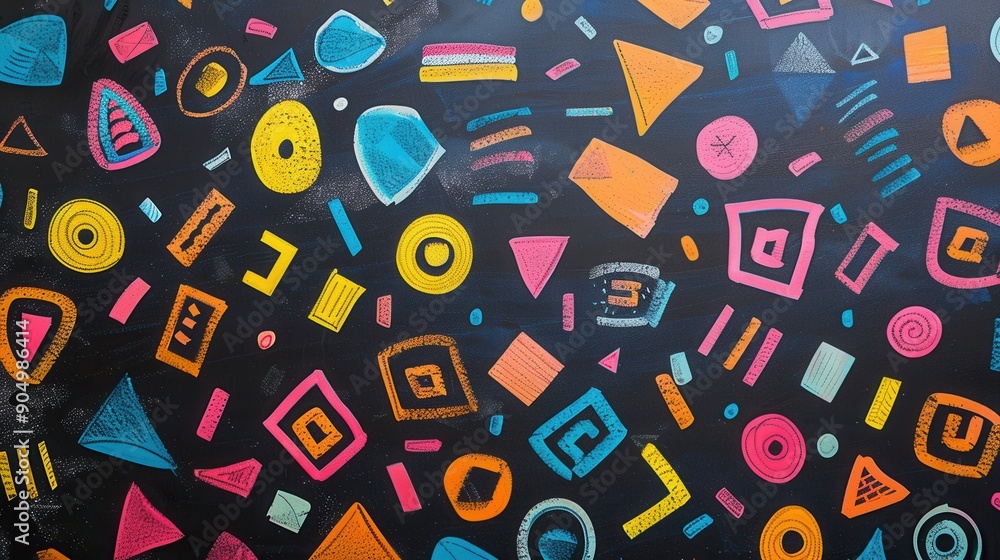 A blackboard showcases vibrant geometric shapes in assorted colors, highlighting creativity in an educational environment. Generative AI A blackboard showcases vibrant geometric shapes in assorted colors, highlighting creativity in an educational environment. Generative AI