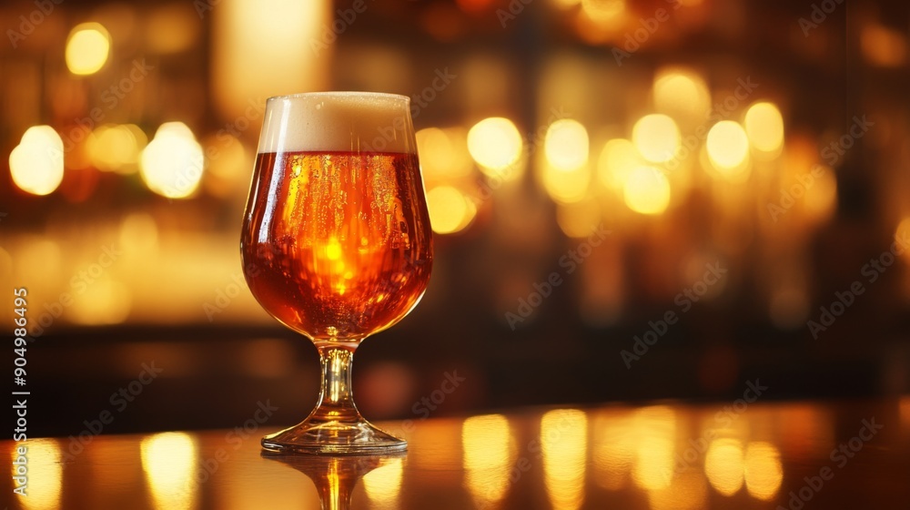 A glass of amber ale glowing under the warm lights of a bar, with a blurred background. A glass of amber ale glowing under the warm lights of a bar, with a blurred background.