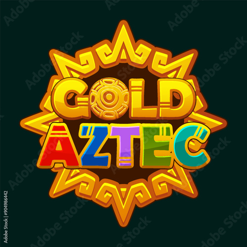 Icon for casino-themed Aztec game. Logo- Aztec gold, textured and volumetric text for your games. Aztec solar disk, sun symbol, and diadem, representing the Aztec sun