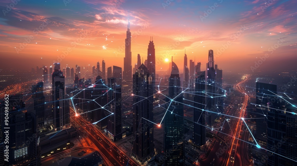Futuristic urban connectivity cityscape at dawn with digital network enhancements Futuristic urban connectivity cityscape at dawn with digital network enhancements