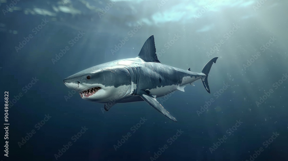 Great White Shark Swimming Gracefully in Deep Blue Ocean Waters Great White Shark Swimming Gracefully in Deep Blue Ocean Waters
