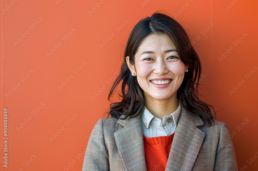 Fototapeta premium 秋素材のジャケットを着た日本人の会社員女性（秋・秋ファッション・笑顔・途中入社）