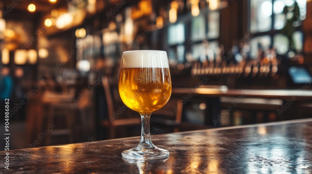 A glass of beer placed on a bar with a stylish, modern interior in the background. A glass of beer placed on a bar with a stylish, modern interior in the background.
