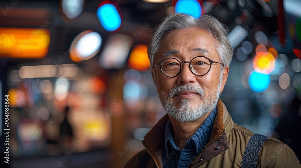Friendly Older Man Smiling in a Vibrant Urban Setting During Evening Hours Friendly Older Man Smiling in a Vibrant Urban Setting During Evening Hours