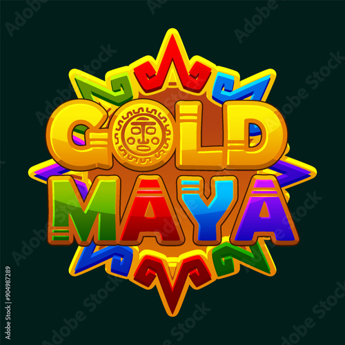 Icon for casino-themed Maya game. Logo- Maya gold, textured and volumetric text for your games. Aztec solar disk, sun symbol, representing the Maya sun