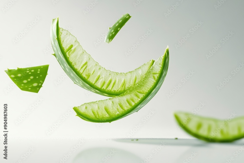 Naklejka premium Falling Aloe vera, slice, isolated on white background, full depth of field, ai
