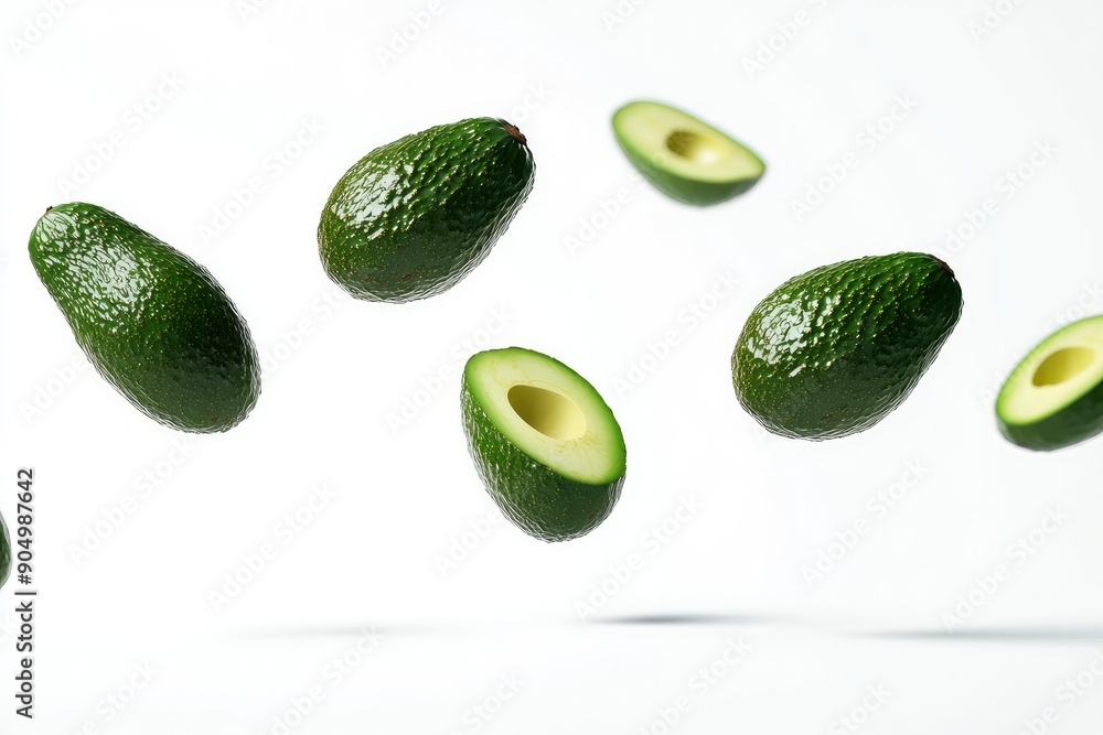 Falling avocado isolated on white background, full depth of field, ai Falling avocado isolated on white background, full depth of field, ai