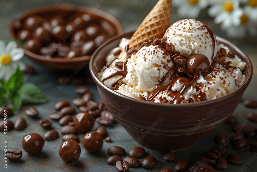 Delicious Coffee Ice Cream Dessert with Chocolate Toppings for Food Photography and Menu Design Delicious Coffee Ice Cream Dessert with Chocolate Toppings for Food Photography and Menu Design