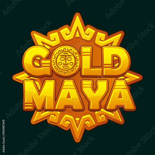 Icon for casino-themed Maya game. Logo- Maya gold, textured and volumetric text for your games. Aztec solar disk, representing the Maya sun