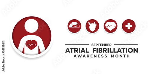Atrial Fibrillation Awareness Month. People icon, heartbeat, heart and plus icon. Great for cards, banners, posters, social media and more. White background.