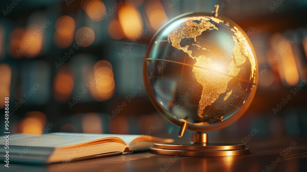 Illuminated globe with open book in library Illuminated globe with open book in library