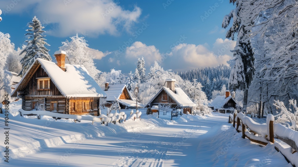 Naklejka premium Panoramic winter scenery featuring vintage rural cabins nestled in a tranquil snow covered landscape