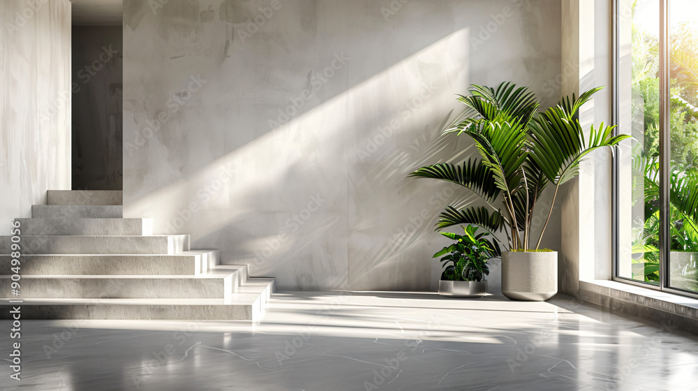 Sun shining through window in modern minimalist home interior with staircase and potted plants Sun shining through window in modern minimalist home interior with staircase and potted plants