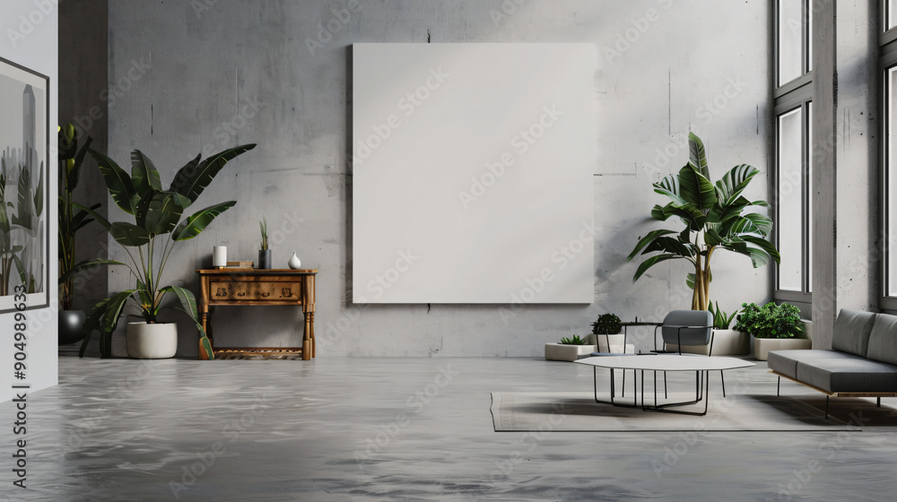 Minimalist and bright living room with big windows, a concrete look and a big blank canvas on the wall Minimalist and bright living room with big windows, a concrete look and a big blank canvas on the wall
