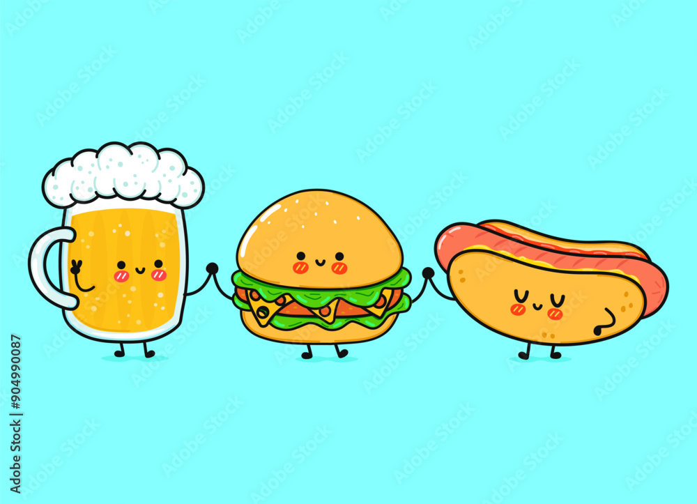 Cute, funny happy glass of beer, hot dog and hamburger . Vector hand drawn cartoon kawaii characters, illustration icon. Funny cartoon glass of beer hot dog and hamburger mascot friends concept Cute, funny happy glass of beer, hot dog and hamburger . Vector hand drawn cartoon kawaii characters, illustration icon. Funny cartoon glass of beer hot dog and hamburger mascot friends concept