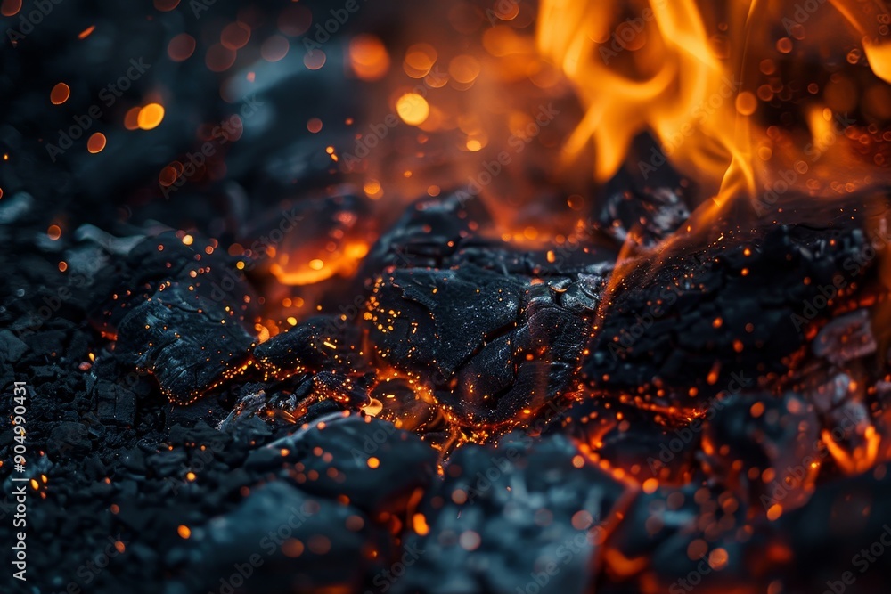 Close-up view of glowing embers flickering in the darkness of night from a coal fire, Glowing embers flickering in the darkness of night Close-up view of glowing embers flickering in the darkness of night from a coal fire, Glowing embers flickering in the darkness of night