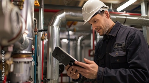 Wallpaper Mural Industrial Worker Checking Data on Tablet in a Mechanical Room Torontodigital.ca