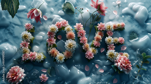 "LOVE" Spelled in Spring Flowers Floating on Water, Artistic Floral Composition