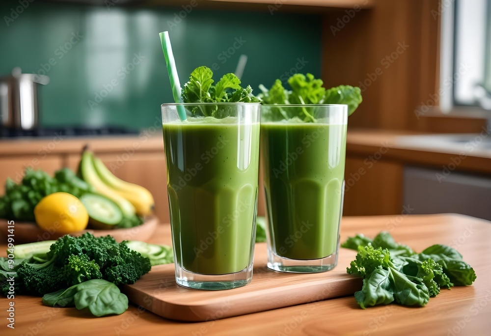 Freshly prepared green vegetable juice, ready to drink. Freshly prepared green vegetable juice, ready to drink.