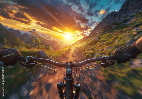 First person point of view of a person biking in the mountains on a sunset setting scenery, blurry fast scene, high speed photography with a stunning view photo