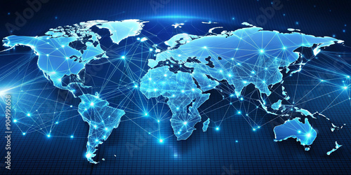  A digital world map with glowing connection lines, illustrating global networking and communication. The image conveys the concept of interconnectedness