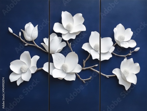 Elegant Triptych Featuring White 3D Magnolia Blossoms Against a Dark Blue Backdrop photo