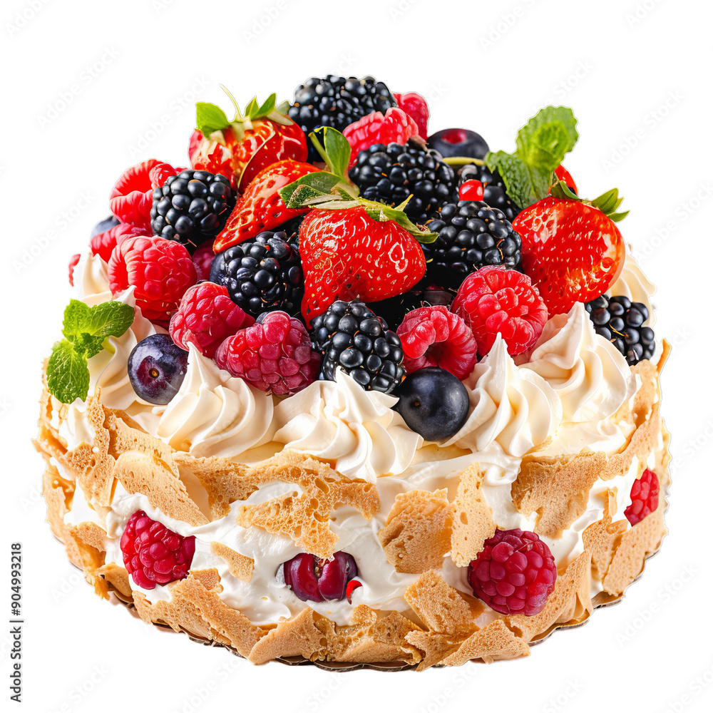 Delicious homemade meringue cake decorated with summer berries and whipped cream Delicious homemade meringue cake decorated with summer berries and whipped cream