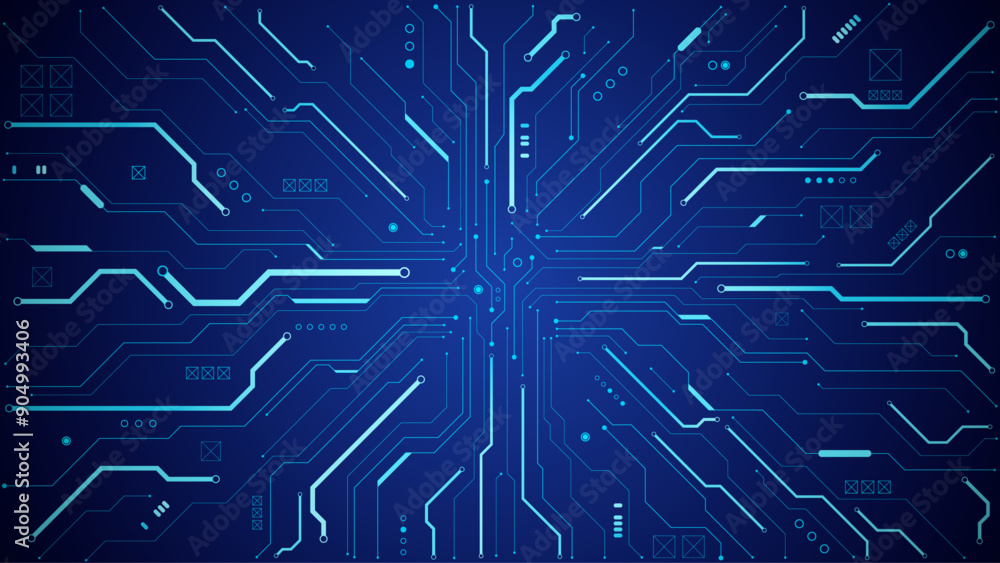 Technology background with a circuit board with light lines, and electronic elements. Tech bg in blue. Banner with abstract AI chip or computer processor. Digital motherboard. Vector illustration Technology background with a circuit board with light lines, and electronic elements. Tech bg in blue. Banner with abstract AI chip or computer processor. Digital motherboard. Vector illustration