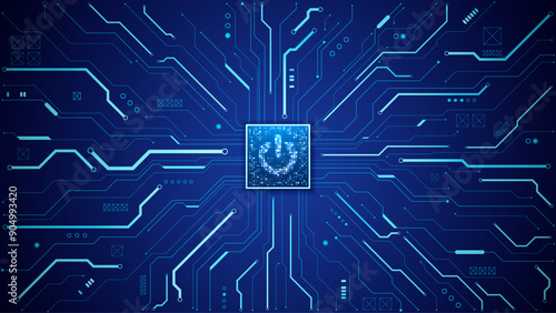 Abstract CPU processor or semiconductor with Power icon with glowing pixels on technology circuit board. AI chip on a motherboard. Technology background. Tech bg in blue. Vector digital illustration.