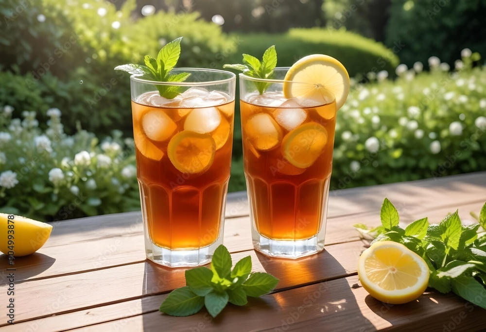 Fototapeta premium Tea with lemon and ice cubes served on a wooden table, with green grass and trees visible in the background.