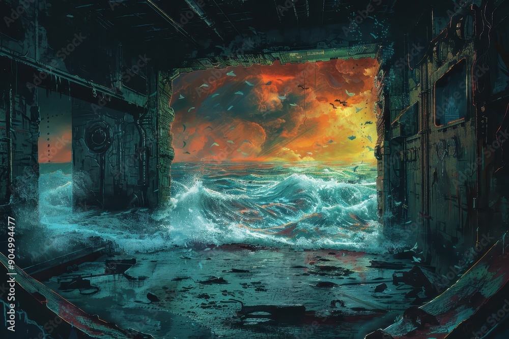 Ocean waves crashing into a ruined building postapocalyptic scene Ocean waves crashing into a ruined building postapocalyptic scene