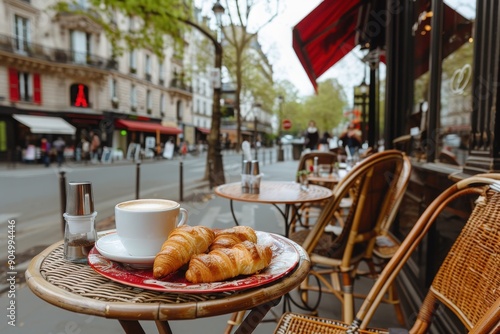 A cozy outdoor cafe setting featuring a cup of coffee and croissants, perfect for enjoying a leisurely morning in Paris.