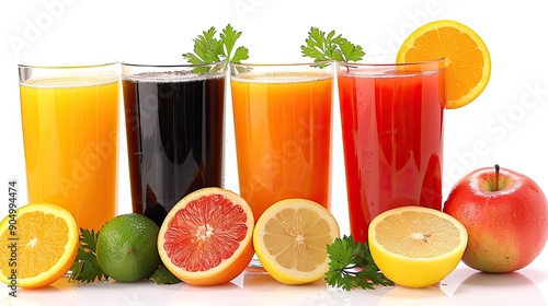 Fototapeta Naklejka Na Ścianę i Meble -  Fruit juices in glasses and fruits isolated on a white background
