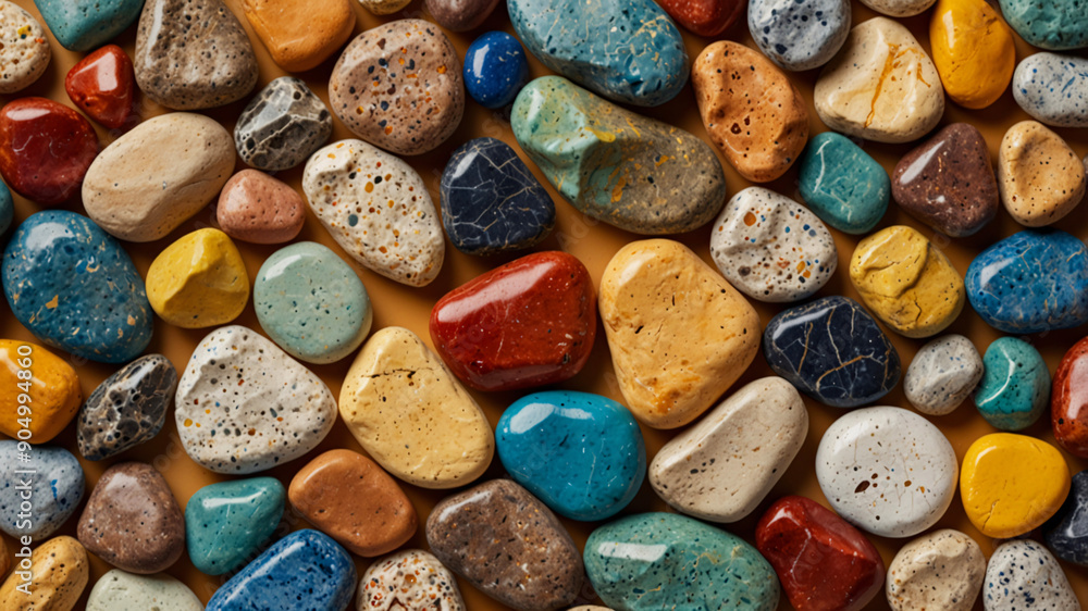 A vibrant assortment of polished stones in various colors and patterns arranged on a surface for decorative purposes. A vibrant assortment of polished stones in various colors and patterns arranged on a surface for decorative purposes.