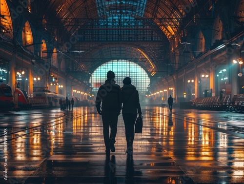 Couple Walking Through a Grand Train Station © maretaarining