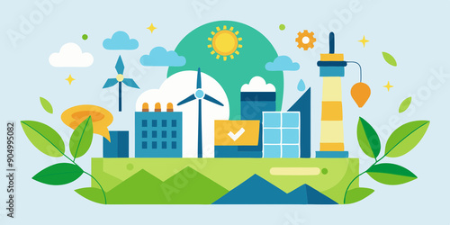 n illustrated banner representing ecological concepts and environmental sustainability, featuring elements like wind turbines, solar panels, trees, and the Earth