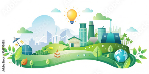 n illustrated banner representing ecological concepts and environmental sustainability, featuring elements like wind turbines, solar panels, trees, and the Earth