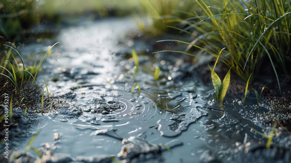 Fototapeta premium Raindrops falling on a mountain stream create ripples, showcasing the natural interaction between water and terrain in a serene environment